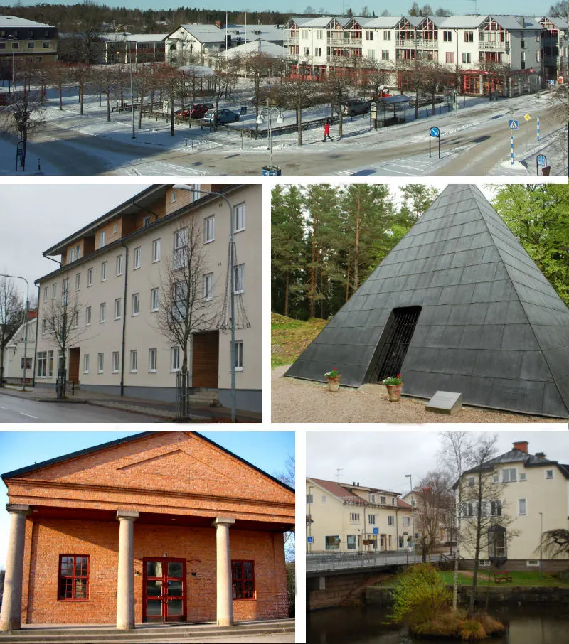 Högst upp: fredstorget, Aneby. Mitten/vänster: en av Aneby centrums senaste arkitekturella inslag. Mitten/höger: gravplatsen för Malte…