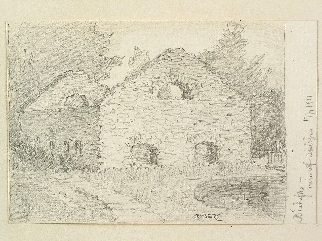Dalsland, Bäckefors. Ruin av smedja. Teckning av Ferdinand Boberg