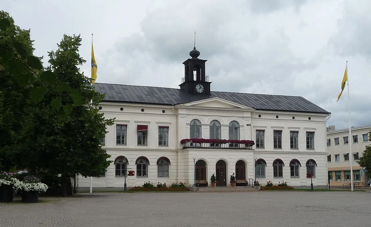 Rådhuset i Köping. Uppfört 1875-77 i timmer. Arkitekt Johan Adolf Haverman efter berarbetning och nedbantning av ett tidigare förslag av…