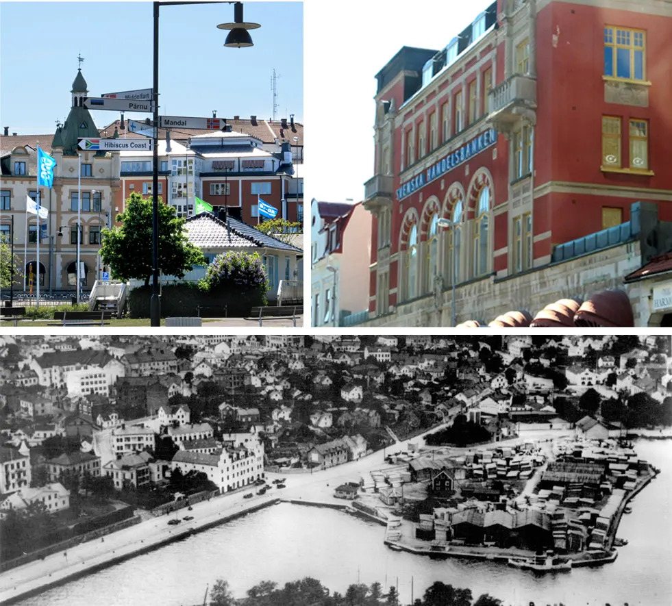 Collage med bilder över Oskarshamn. Övre vänster: Vy från Brädholmen mot Skeppsbron. Övre höger: Svenska Handelsbankens byggnad på Lilla…