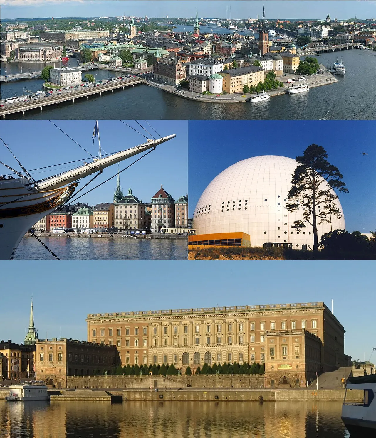 Kollagebild över Stockholm. Överst: Riddarholmen "The Knights' Islet". Vänster: Skeppsbron, Gamla stan och skeppet af Chapman. Höger…