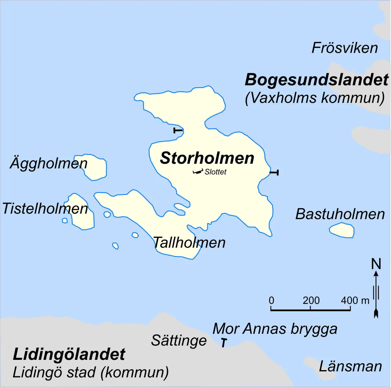 Storholmsöarna norr om Lidingö tillhörande Vaxholms kommun. Övergår till Lidingö stad (kommun) den 1 januari 2011.